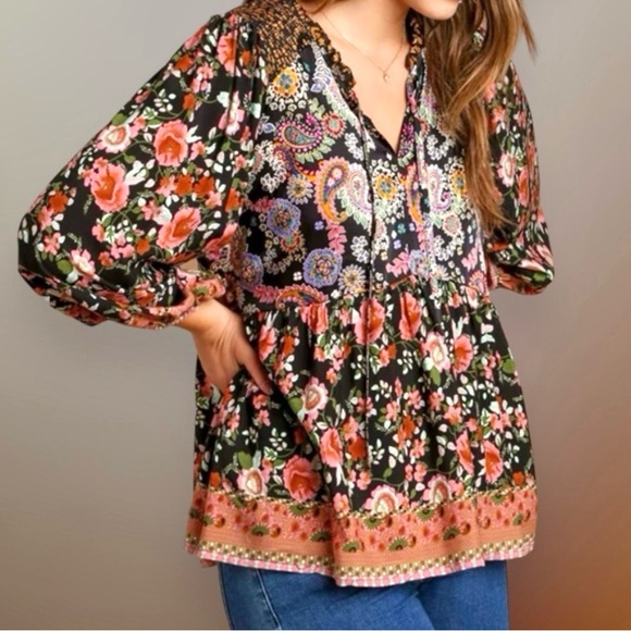 🌸Floral Paisley Boho Blouse w/Tie. Black/Rose/Gold/Blue/Multi. 1 SM 1 MED 1 LG - Picture 1 of 13